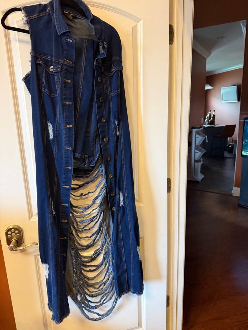 Distressed Dark Blue Denim Long Vest and matching pants with Fringe Back